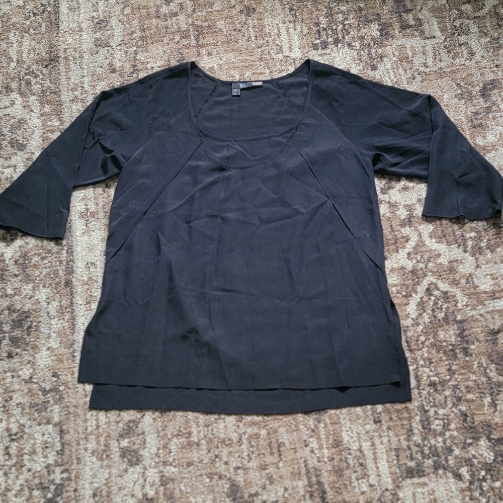 Eileen Fisher xs Black 3/4 Sleeve Scoop Neck 100% Silk Blouse